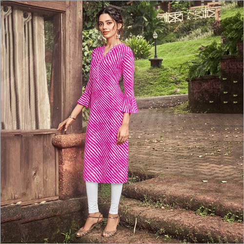 Ladies Rayon Slub With Foil Print Pink Kurti