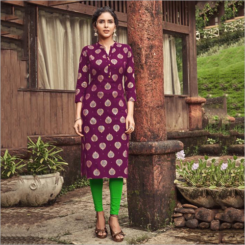 Ladies Trendy Rayon Slub With Foil Print Kurti Size: Extra Large