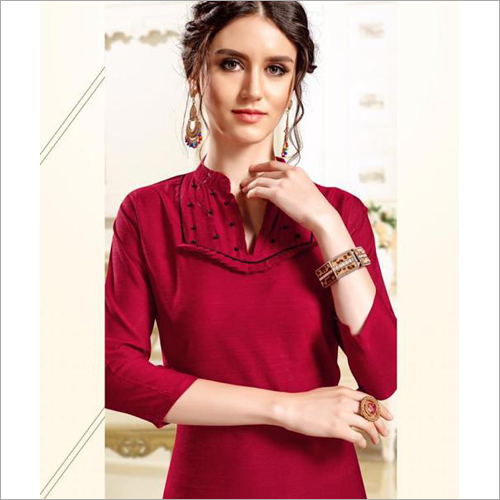 Ladies Dobby Handloom Plain Red Kurti