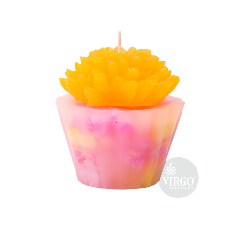 Tart Dahlia Flower Shape Candle - Paraffin Wax, 7.6x7.6x7.6 Cm , Yellow And Green Colors, Lemon And Lemongrass Fragrances, Long Burning Time 15 Hours, Handmade Design, Perfect For Home Decoration And Gifting