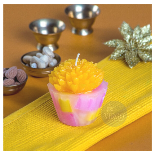 Tart Dahlia Flower Shape Candle - Paraffin Wax, 7.6x7.6x7.6 Cm , Yellow And Green Colors, Lemon And Lemongrass Fragrances, Long Burning Time 15 Hours, Handmade Design, Perfect For Home Decoration And Gifting