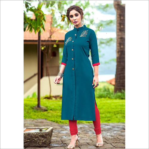 Rayon Slub Print With Hand Work Long Kurti