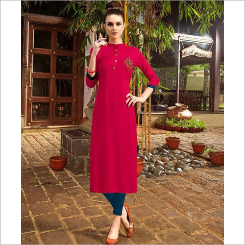 Rayon Slub Print With Hand Work Long Kurti