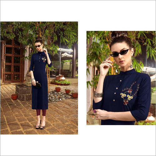 Rayon Slub Print With Hand Work Long Kurti