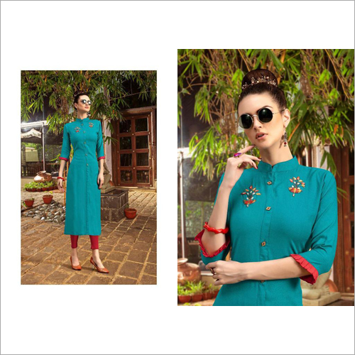 Rayon Slub Print With Hand Work Long Kurti