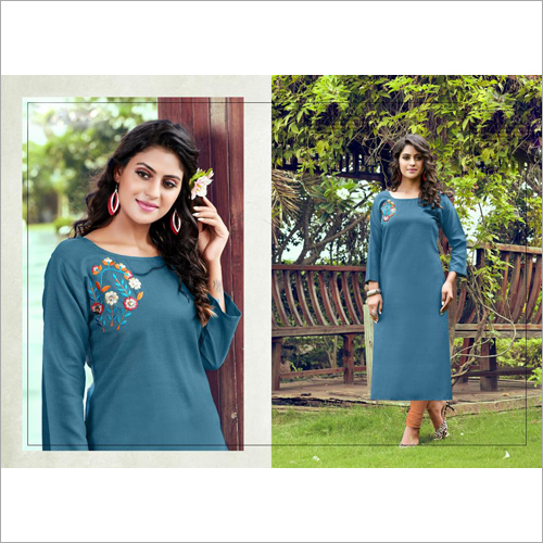Ladies Hand Embroidered Rayon Slub Kurti Size: Large