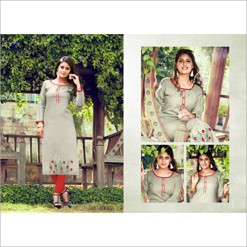 Ladies Hand Embroidered Rayon Slub Kurti Size: Large