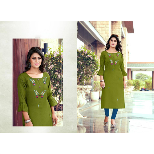 Ladies Hand Embroidered Rayon Slub Kurti Size: Large