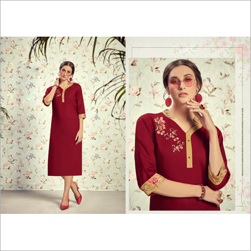Partywear Rayon Slub With Hand Work Kurti Size: Extra Large
