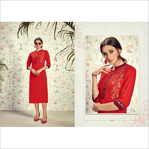 Partywear Rayon Slub With Hand Work Kurti Size: Extra Large