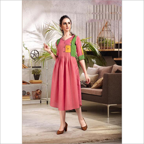 Ladies Two-tone Handloom Cotton With Thread Kurti Size: Extra Large