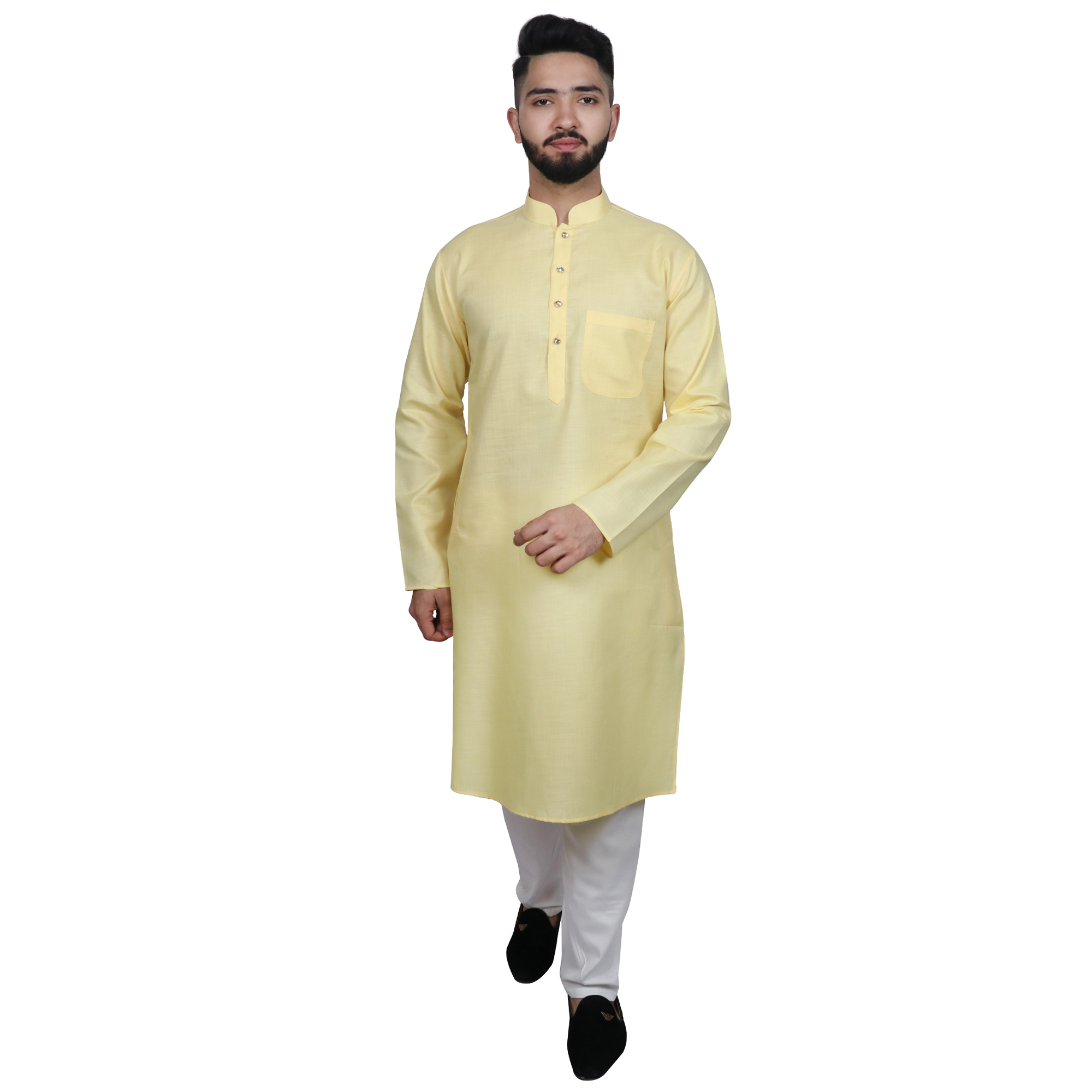 Kurta Pajama - Cotton Regular Fit, Sizes M-xxxl, Colors: B.green, Black, Yellow, Pink, Lemon, Orange, Maroon, Navy, Pista Blue, Red, Rust, S.green, Yellow | Full-sleeved, Button Closure, Perfect For Summer Wear