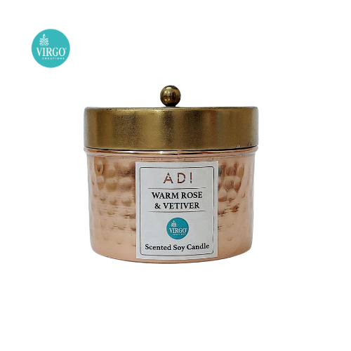Adi:scented Soy Wax Candle - Soy Wax, 6.5 X 6.5 X 7.5 Cm, Natural Color | Hammered Metal Jar, Warm Rose & Vetiver Fragrance, Cotton Wick