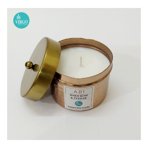 Adi:scented Soy Wax Candle - Soy Wax, 6.5 X 6.5 X 7.5 Cm, Natural Color | Hammered Metal Jar, Warm Rose & Vetiver Fragrance, Cotton Wick