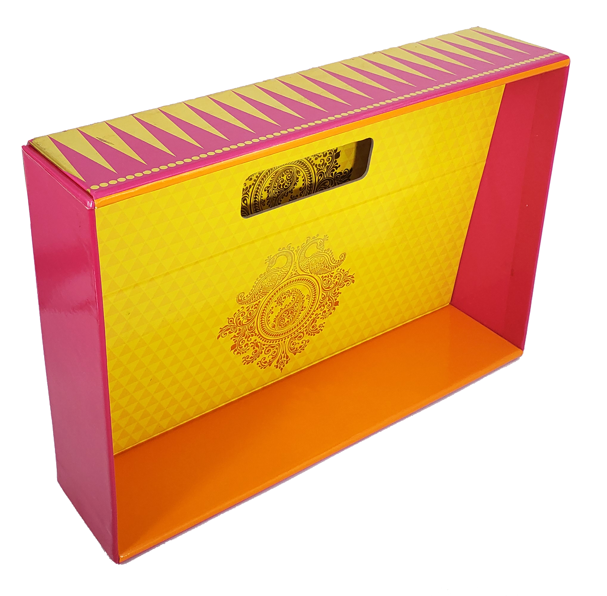 Carry Bag Tray - Paper, 15x11x2.5 Inches , Glossy Yellow With Foil Stamping And Uv Offset Printing