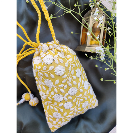 Potli Bags - Fabric, Various Sizes, Yellow Floral Pattern | Lightweight, Hand-Stitched, Drawstring Closure