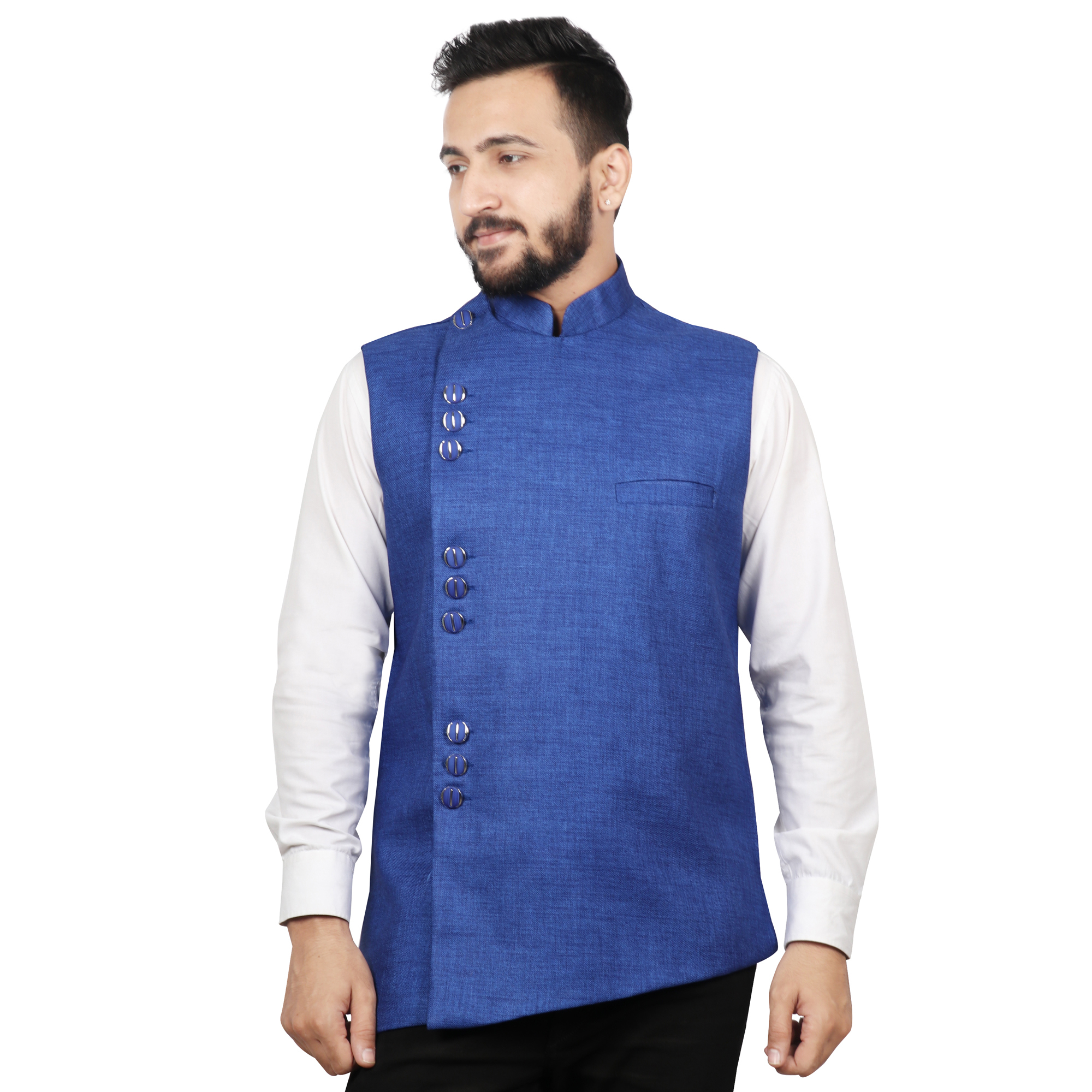 Men Waistcoat - Jute Fabric, Sizes S/m/l/xl, Colors Black, Dark Peach, Maroon, Orange, Royal Blue, Rust, Tassar | Mandarin Collar, Sleeveless, Ethnic & Casual Wear