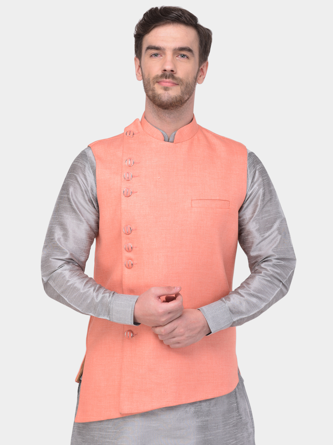Men Waistcoat - Jute Fabric, Sizes S/m/l/xl, Colors Black, Dark Peach, Maroon, Orange, Royal Blue, Rust, Tassar | Mandarin Collar, Sleeveless, Ethnic & Casual Wear