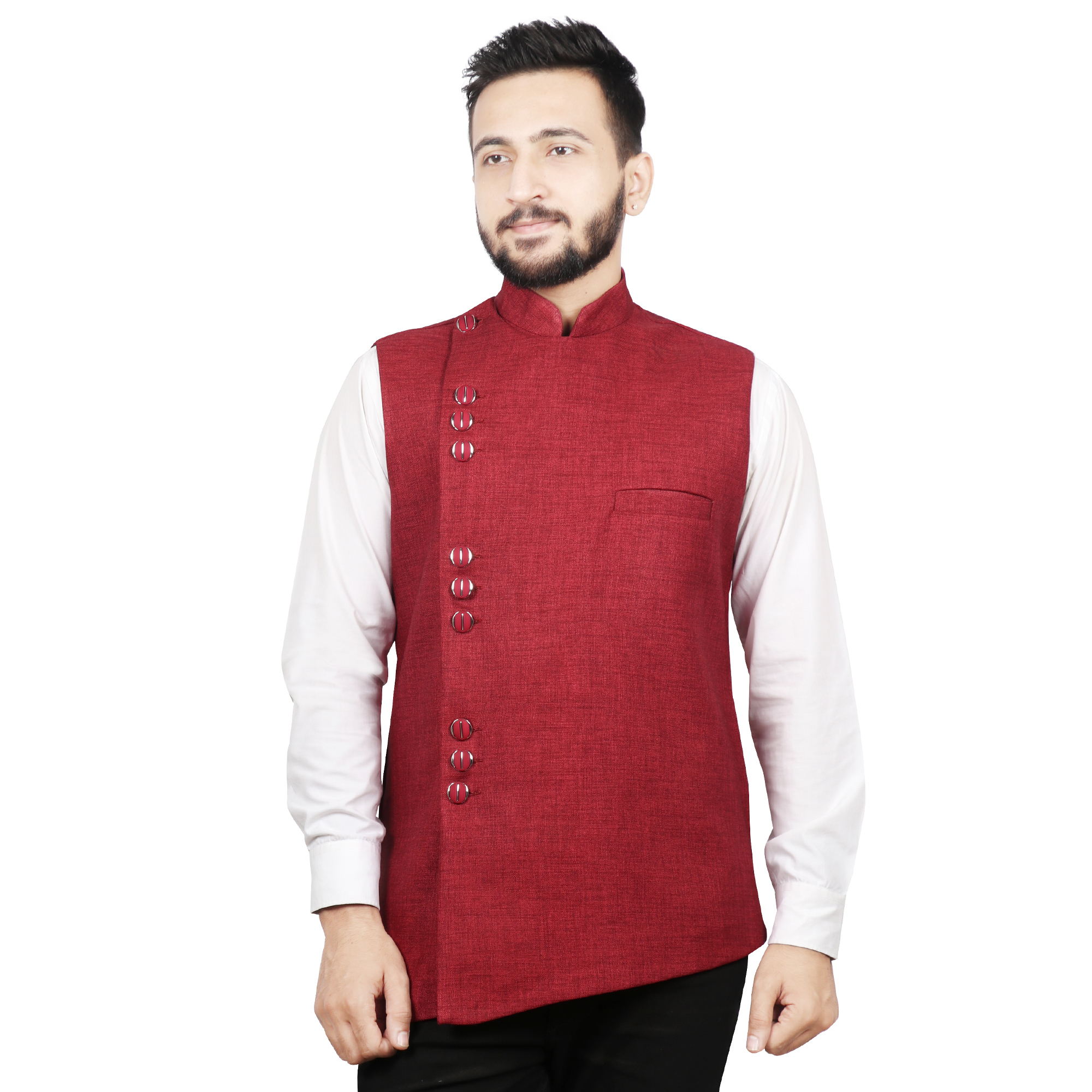 Men Waistcoat - Jute Fabric, Sizes S/m/l/xl, Colors Black, Dark Peach, Maroon, Orange, Royal Blue, Rust, Tassar | Mandarin Collar, Sleeveless, Ethnic & Casual Wear