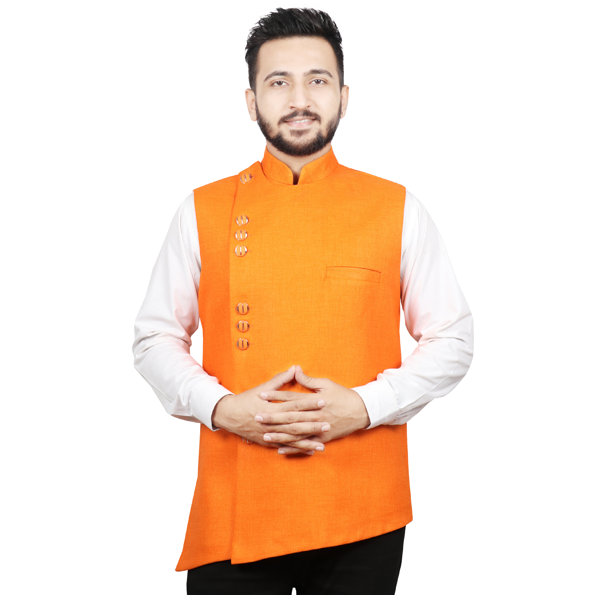 Men Waistcoat - Jute Fabric, Sizes S/m/l/xl, Colors Black, Dark Peach, Maroon, Orange, Royal Blue, Rust, Tassar | Mandarin Collar, Sleeveless, Ethnic & Casual Wear