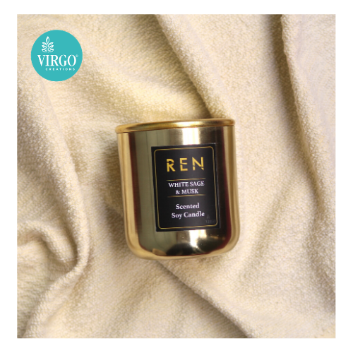 Ren White Sage And Musk Scented Natural Wax Metal Jar Candle - Soy Wax, 7.0 X 7.0 X 8.0 Inches, Gold Finish | Handmade, Cotton Wick, 25-30 Hours Burn Time