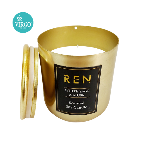 Ren White Sage And Musk Scented Natural Wax Metal Jar Candle - Soy Wax, 7.0 X 7.0 X 8.0 Inches, Gold Finish | Handmade, Cotton Wick, 25-30 Hours Burn Time