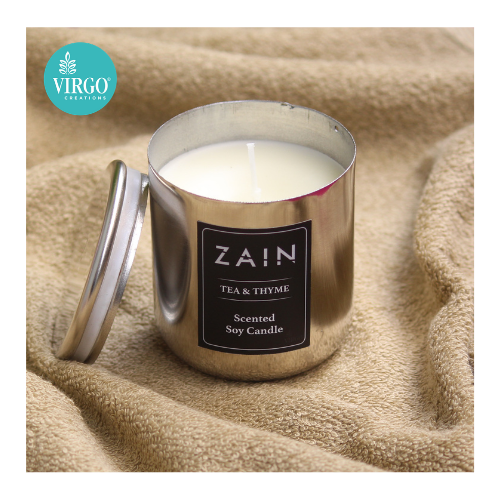 Zain Scented Candle - Natural Soy Wax, 7.0 X 7.0 X 8.0 Inches | Silver Finish Metal Jar, Handmade With Cotton Wick, Tea & Thyme Fragrance