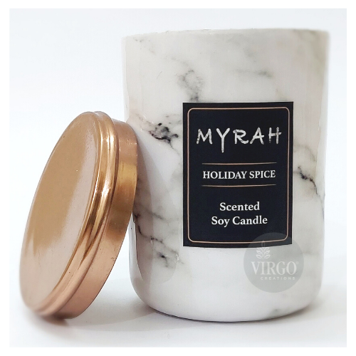 Myrah: Scented Soy Wax Candle - 7.5x7.5x10.5 Inches, White Marble Finish, Holiday Spice Fragrance, Handmade With Cotton Wick