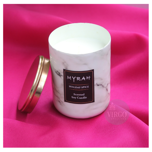 Myrah: Scented Soy Wax Candle - 7.5x7.5x10.5 Inches, White Marble Finish, Holiday Spice Fragrance, Handmade With Cotton Wick