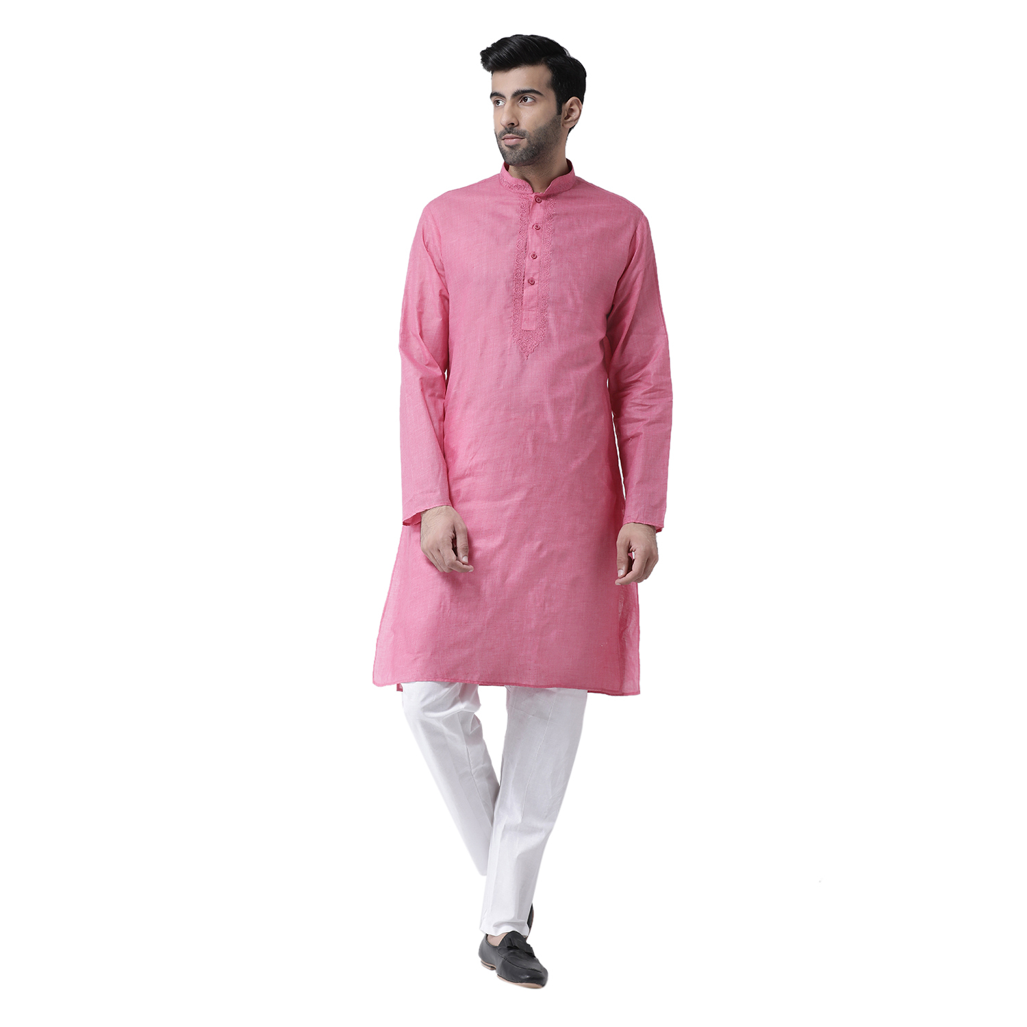 Men Solid Kurta Pajama Set - Cotton, S, M, L, Xl | Long Sleeves, Mandarin Collar, Plain Pattern, Available In Orange, Pink, S.green, D.pista, D.yellow, Mehandi, Skyblue, Tassar