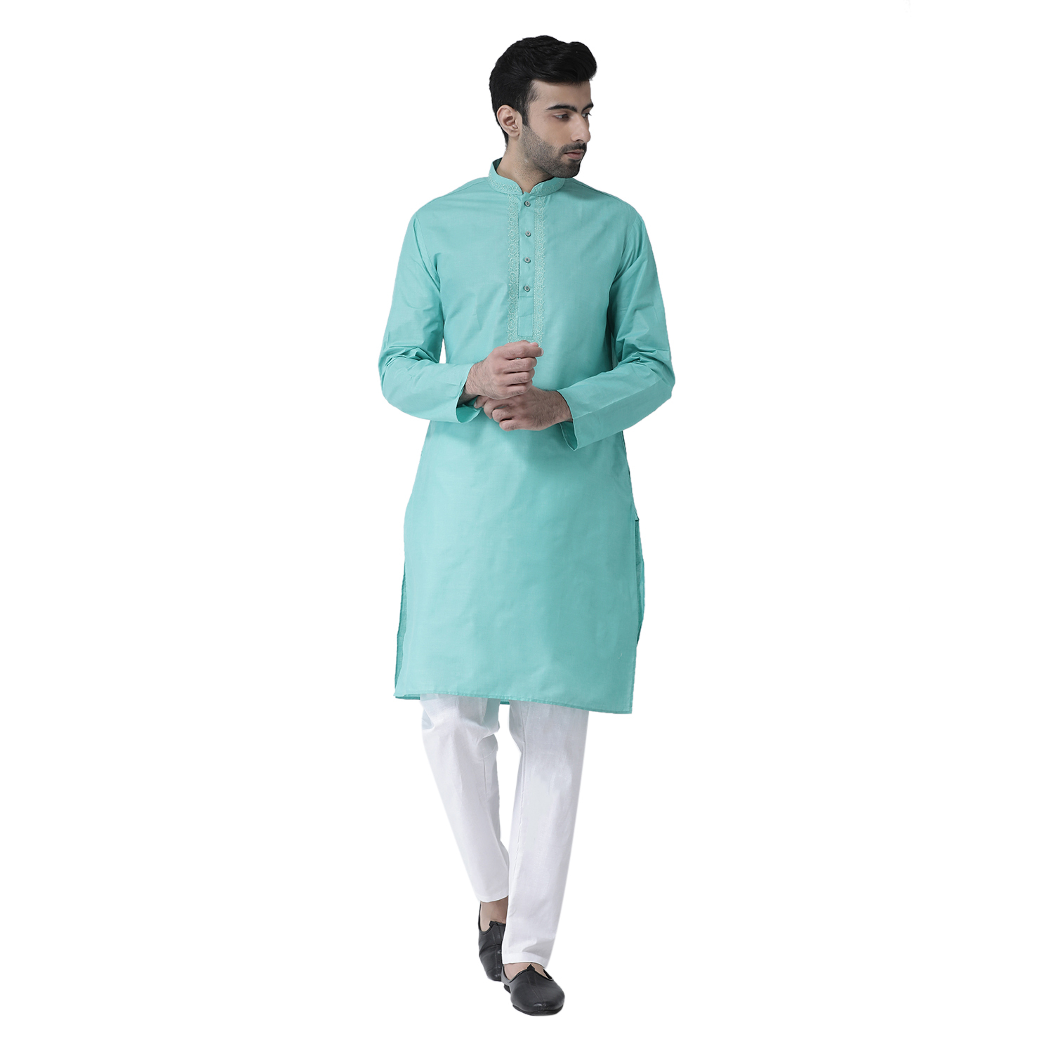 Men Solid Kurta Pajama Set - Cotton, S, M, L, Xl | Long Sleeves, Mandarin Collar, Plain Pattern, Available In Orange, Pink, S.green, D.pista, D.yellow, Mehandi, Skyblue, Tassar