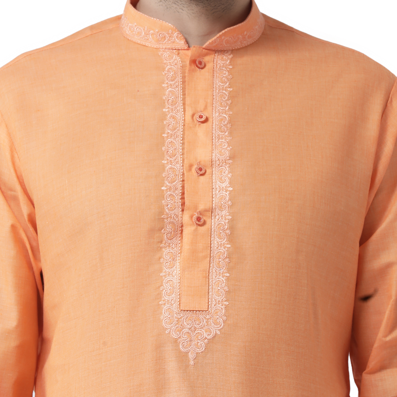 Men Solid Kurta Pajama Set - Cotton, S, M, L, Xl | Long Sleeves, Mandarin Collar, Plain Pattern, Available In Orange, Pink, S.green, D.pista, D.yellow, Mehandi, Skyblue, Tassar