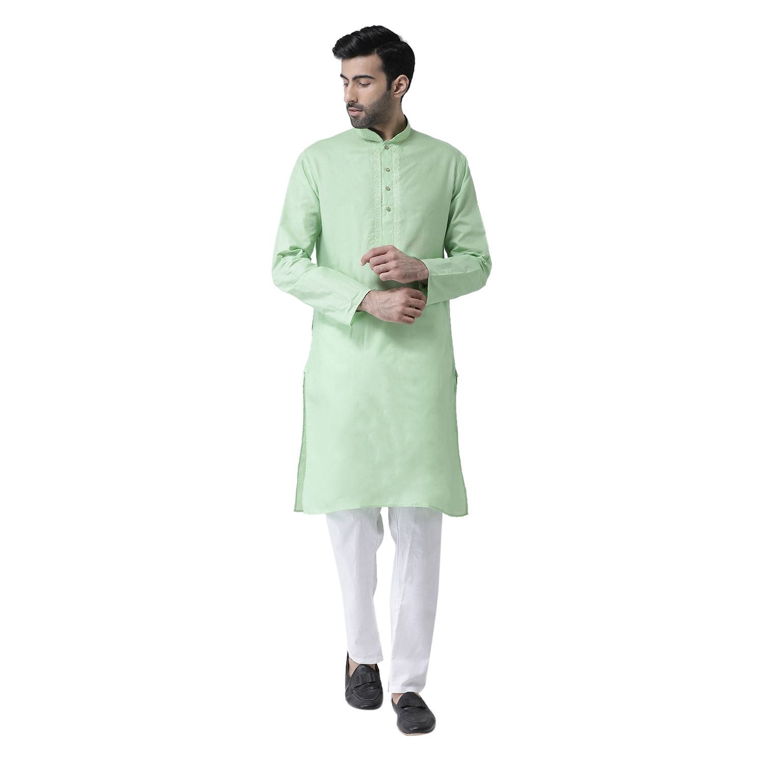 Men Solid Kurta Pajama Set - Cotton, S, M, L, Xl | Long Sleeves, Mandarin Collar, Plain Pattern, Available In Orange, Pink, S.green, D.pista, D.yellow, Mehandi, Skyblue, Tassar