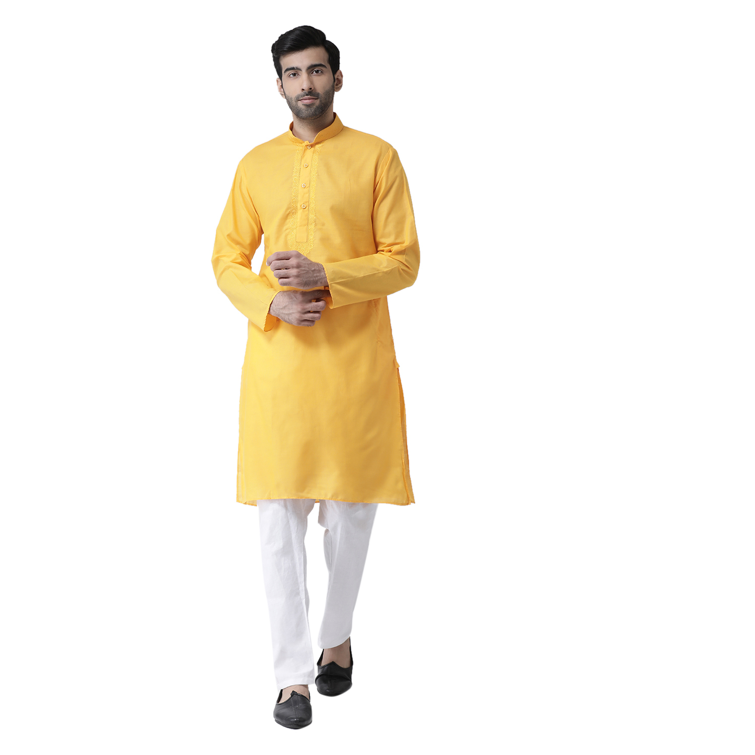 Men Solid Kurta Pajama Set - Cotton, S, M, L, Xl | Long Sleeves, Mandarin Collar, Plain Pattern, Available In Orange, Pink, S.green, D.pista, D.yellow, Mehandi, Skyblue, Tassar