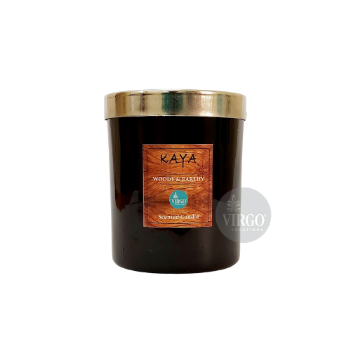 Kaya: Scented Wax Candle, Paraffin Wax - 7.5x7.5x8.5 Inches, Glossy Black Jar With Metal Lid, Handmade, Cotton Wick, Woody & Earthy Fragrance