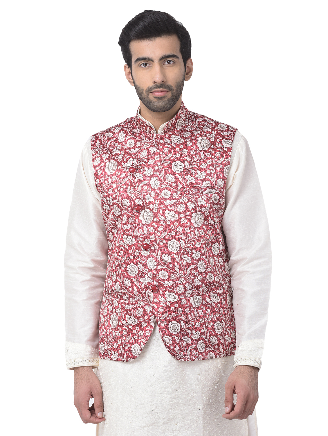 Floral Print Waistcoat - Polyester Material, Sizes S-xl | Mandarin Collar, Sleeveless Design, Available In Dskyblue, Mahroon, Orange, Tassar, White, Yellow