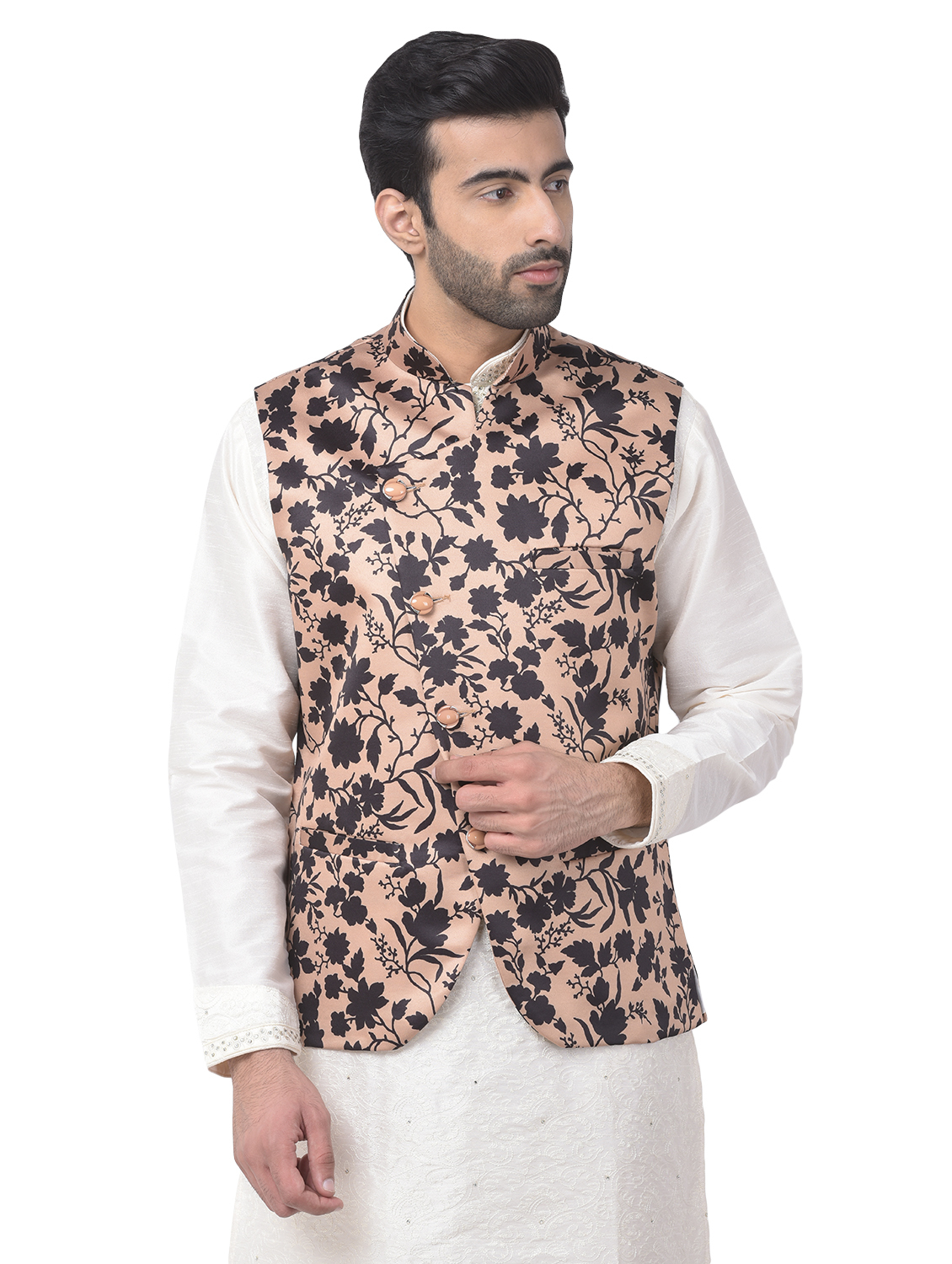 Floral Print Waistcoat - Polyester Material, Sizes S-xl | Mandarin Collar, Sleeveless Design, Available In Dskyblue, Mahroon, Orange, Tassar, White, Yellow