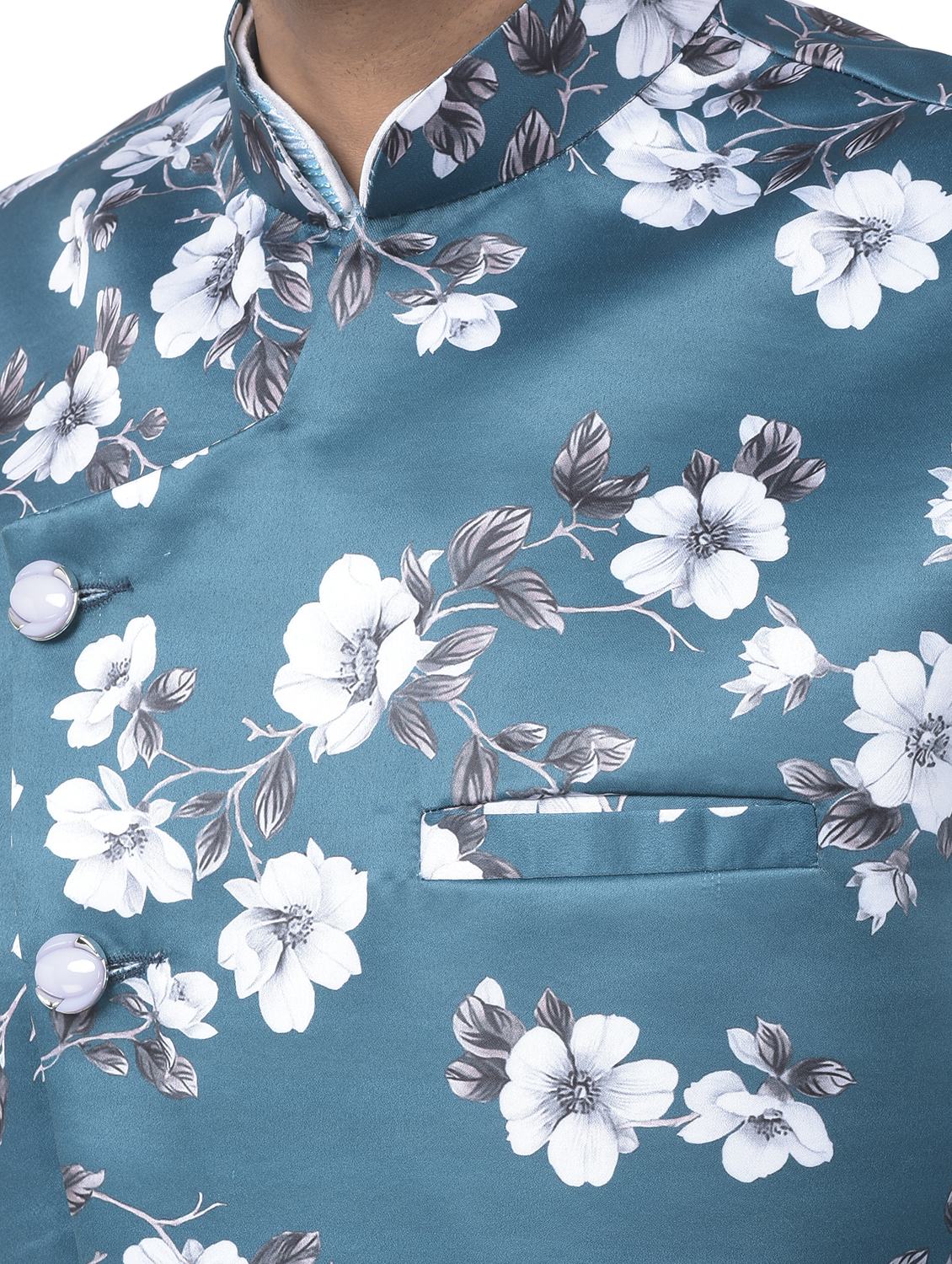 Floral Print Waistcoat - Polyester Material, Sizes S-xl | Mandarin Collar, Sleeveless Design, Available In Dskyblue, Mahroon, Orange, Tassar, White, Yellow