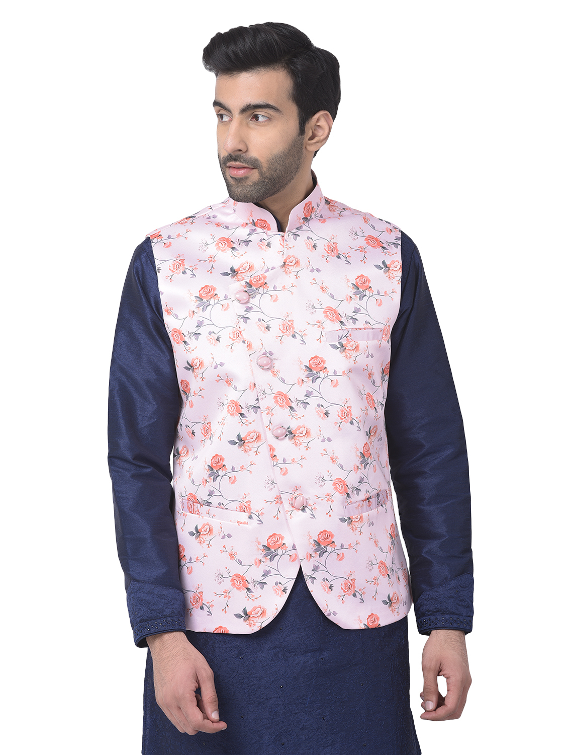 Floral Print Waistcoat - Polyester Material, Sizes S-xl | Mandarin Collar, Sleeveless Design, Available In Dskyblue, Mahroon, Orange, Tassar, White, Yellow