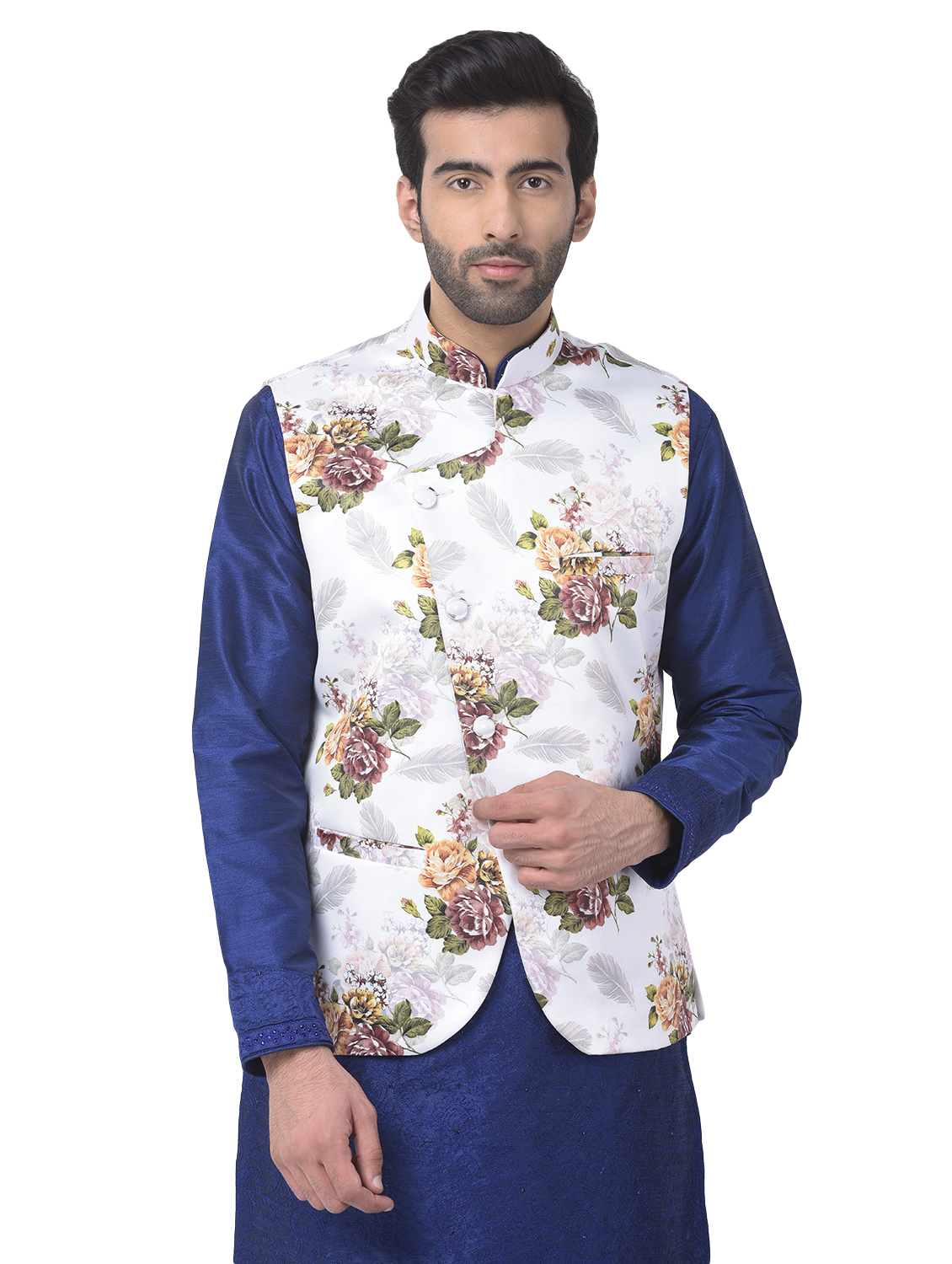 Floral Print Waistcoat - Polyester Material, Sizes S-xl | Mandarin Collar, Sleeveless Design, Available In Dskyblue, Mahroon, Orange, Tassar, White, Yellow