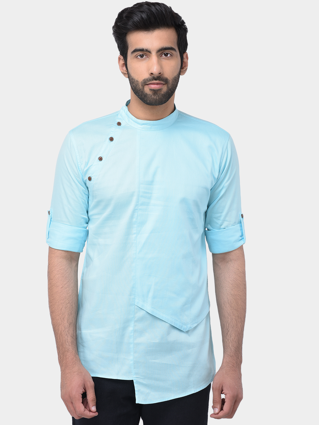 Designer Short Kurta - Cotton, Sizes S-xxl, Colors: Black, Light Sky Blue, Maroon, Navy, Rust, White | Full-sleeved, Mandarin Collar, Regular Fit For Men