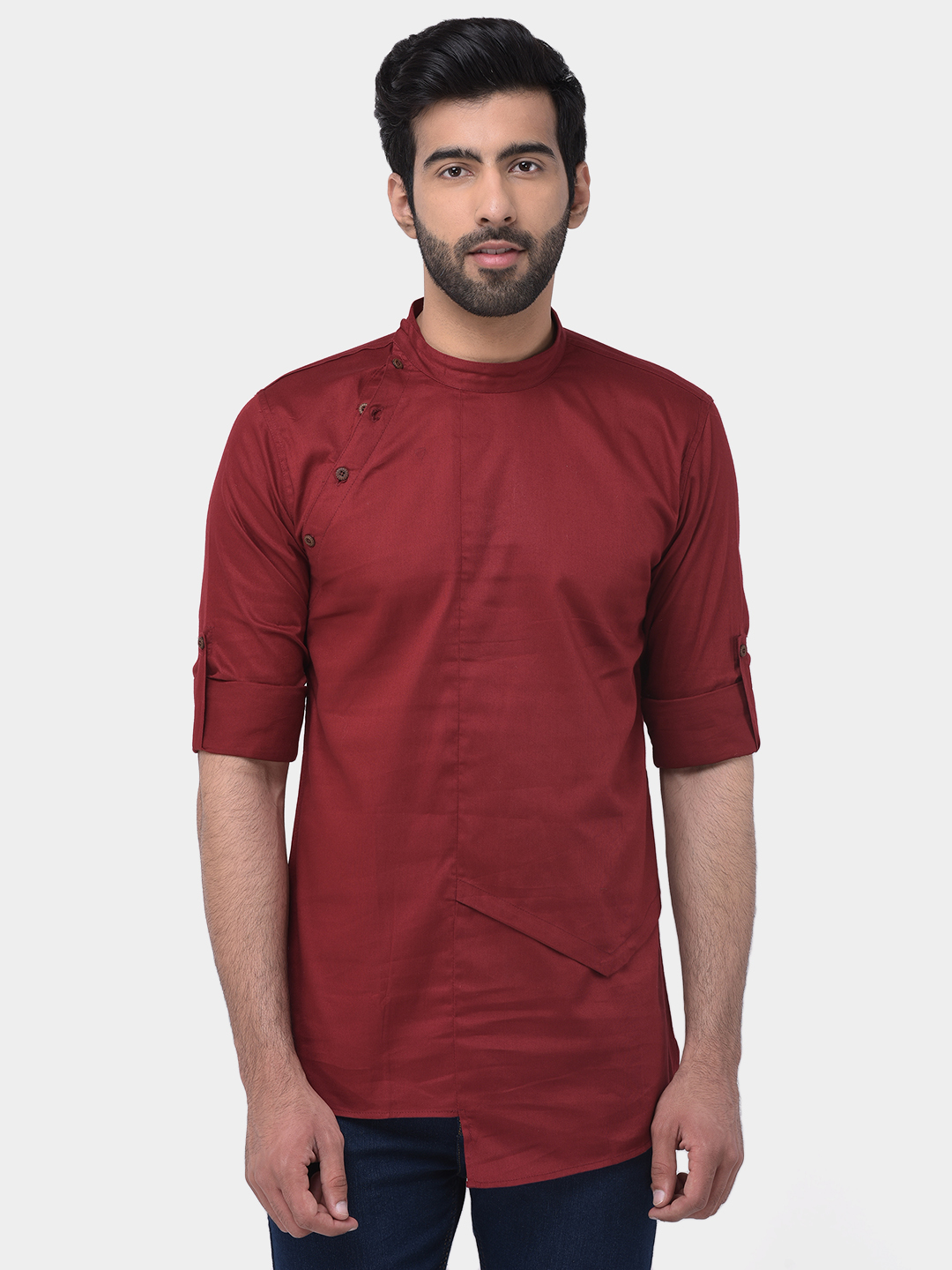 Designer Short Kurta - Cotton, Sizes S-xxl, Colors: Black, Light Sky Blue, Maroon, Navy, Rust, White | Full-sleeved, Mandarin Collar, Regular Fit For Men