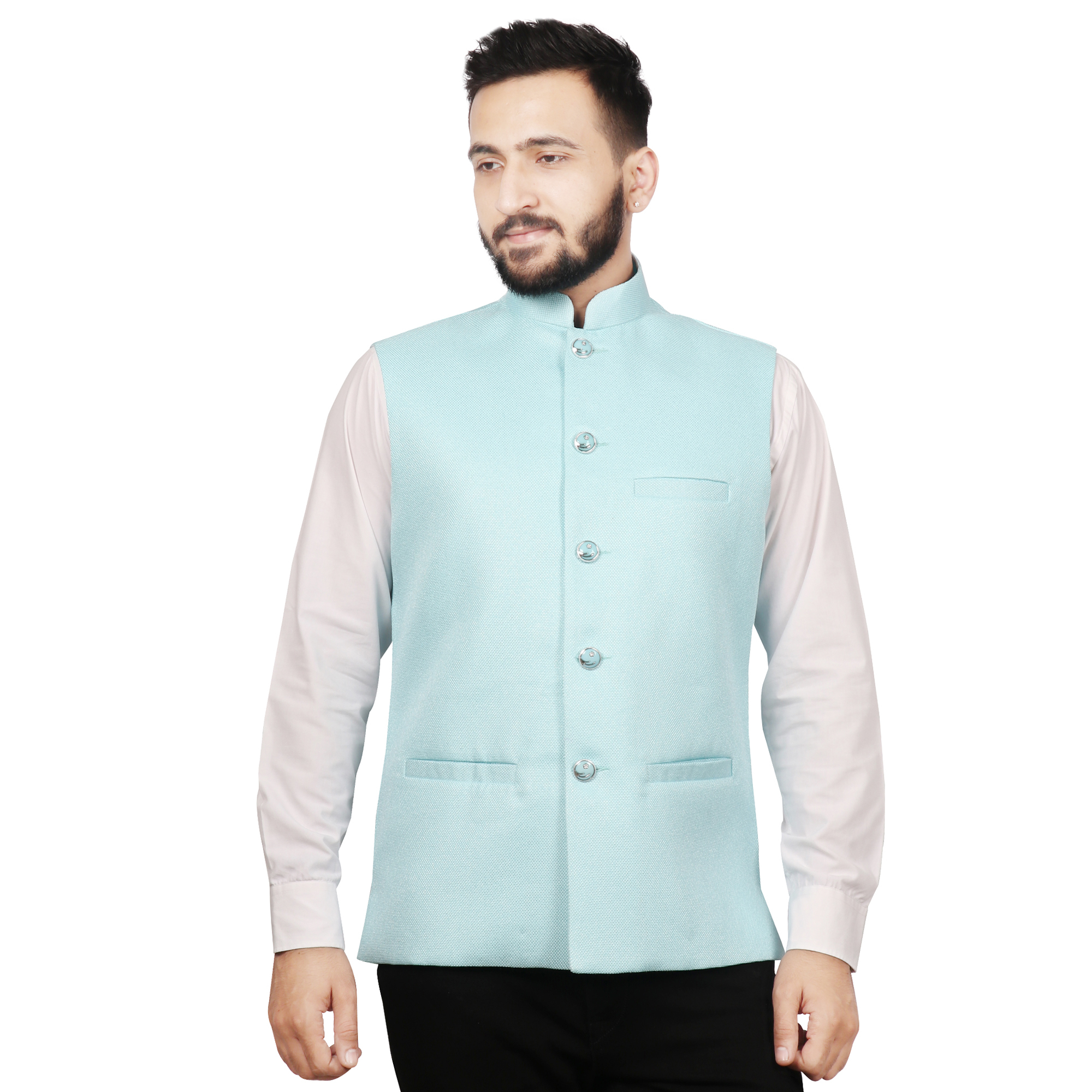 Nehru Jacket - Polyester Fabric, Sizes S-xl, Colors: Light Blue, Light Sky Blue, Orange, Peacock Green | Mandarin Collar, Sleeveless Design, Suitable For All Seasons