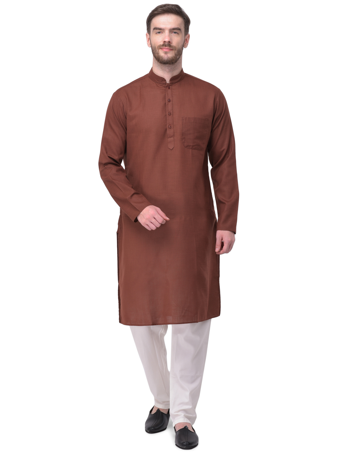 Men Kurta Pajama - Cotton Long Sleeves Plain Pattern Mandarin Collar Sizes: S M L Xl | Colors: B.green Black Brown L.pink Lemon Maroon Navy Orange Peach Rblue Red Rust