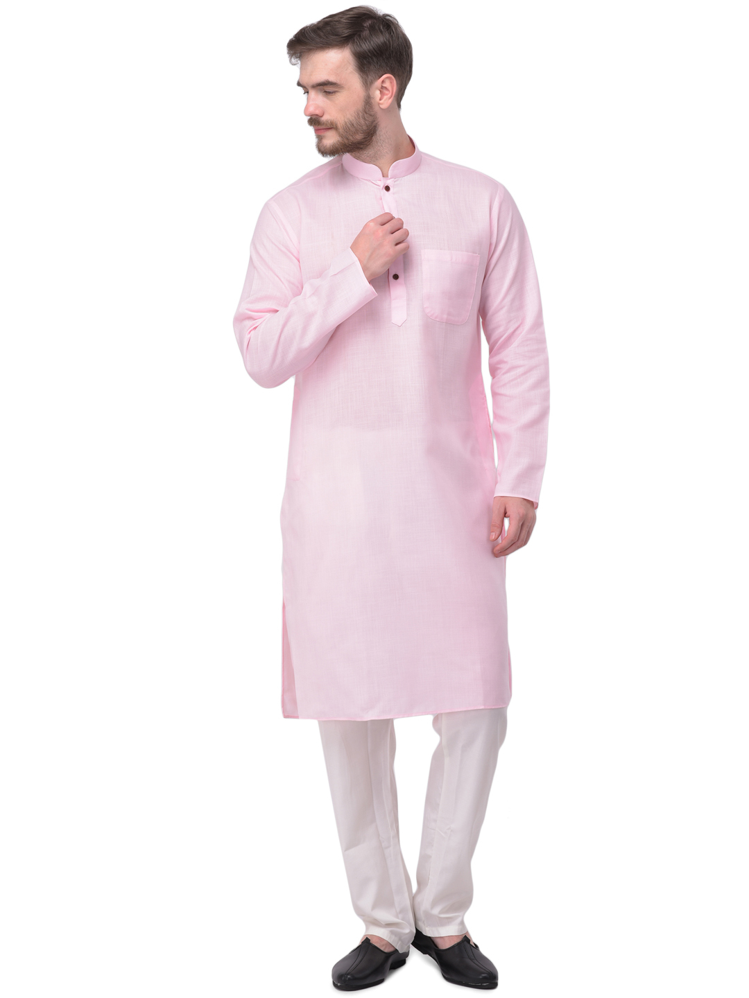Men Kurta Pajama - Cotton Long Sleeves Plain Pattern Mandarin Collar Sizes: S M L Xl | Colors: B.green Black Brown L.pink Lemon Maroon Navy Orange Peach Rblue Red Rust