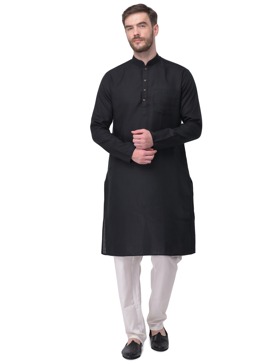 Men Kurta Pajama - Cotton Long Sleeves Plain Pattern Mandarin Collar Sizes: S M L Xl | Colors: B.green Black Brown L.pink Lemon Maroon Navy Orange Peach Rblue Red Rust