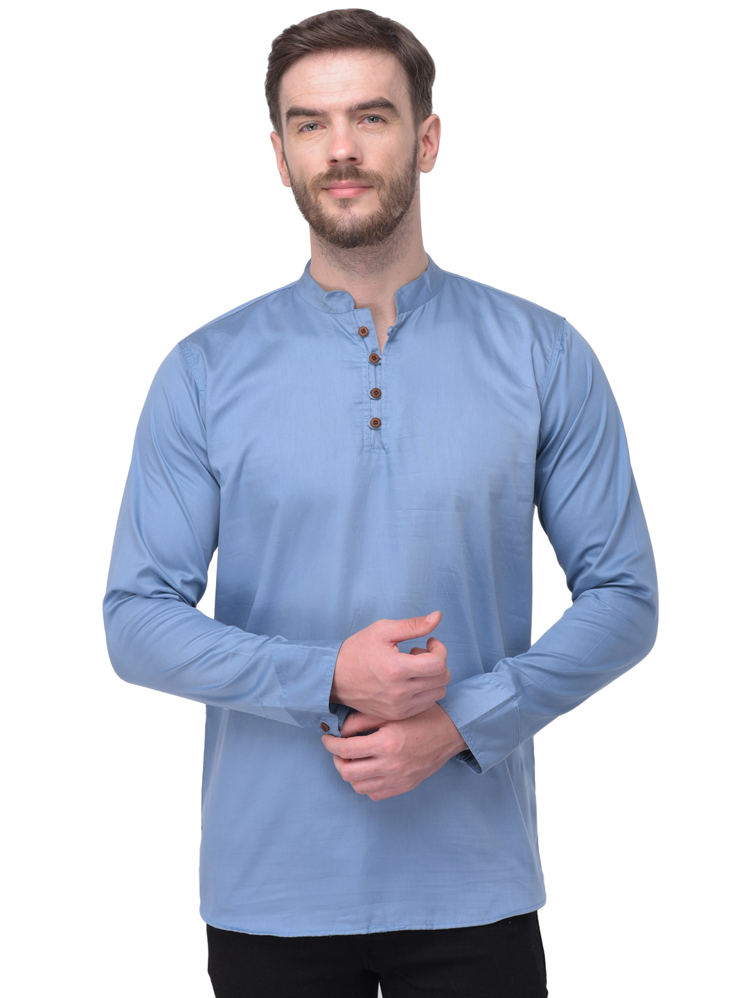Polyester Short Kurta - Regular Fit, Sizes: S-xxl, Colors: Black, Blue, D.yellow, Mehendi, Navy, Pink, Skyblue, White | Long Sleeves, Mandarin Collar, Button Closure