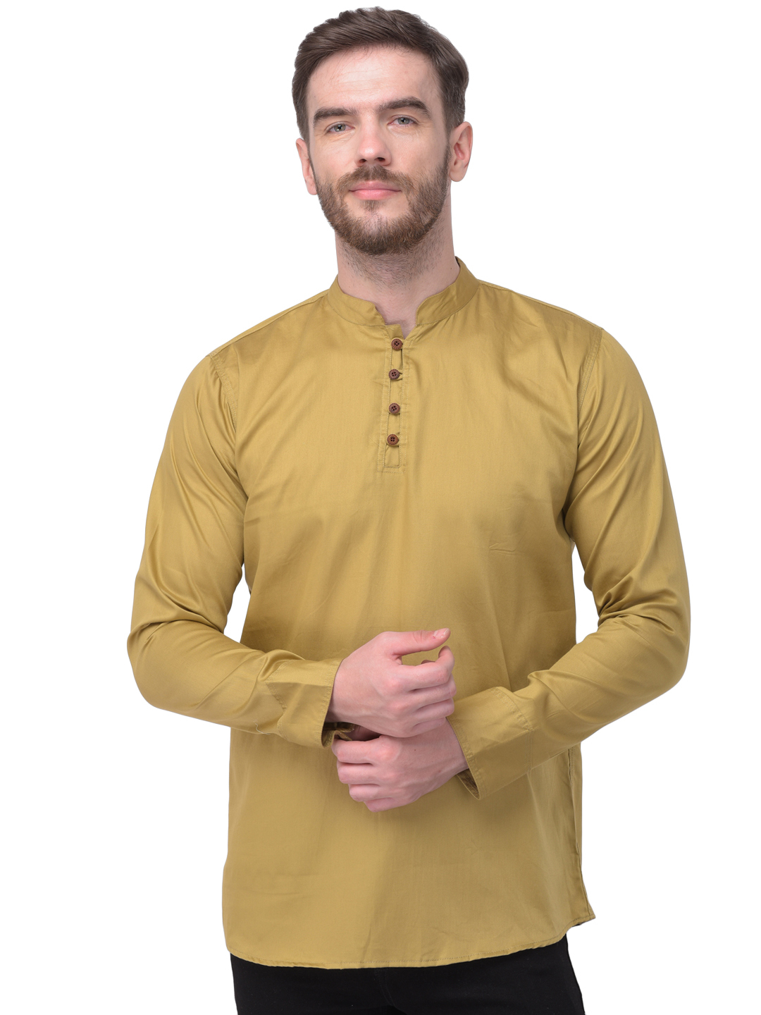 Polyester Short Kurta - Regular Fit, Sizes: S-xxl, Colors: Black, Blue, D.yellow, Mehendi, Navy, Pink, Skyblue, White | Long Sleeves, Mandarin Collar, Button Closure