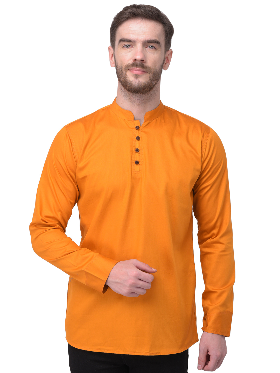 Polyester Short Kurta - Regular Fit, Sizes: S-xxl, Colors: Black, Blue, D.yellow, Mehendi, Navy, Pink, Skyblue, White | Long Sleeves, Mandarin Collar, Button Closure
