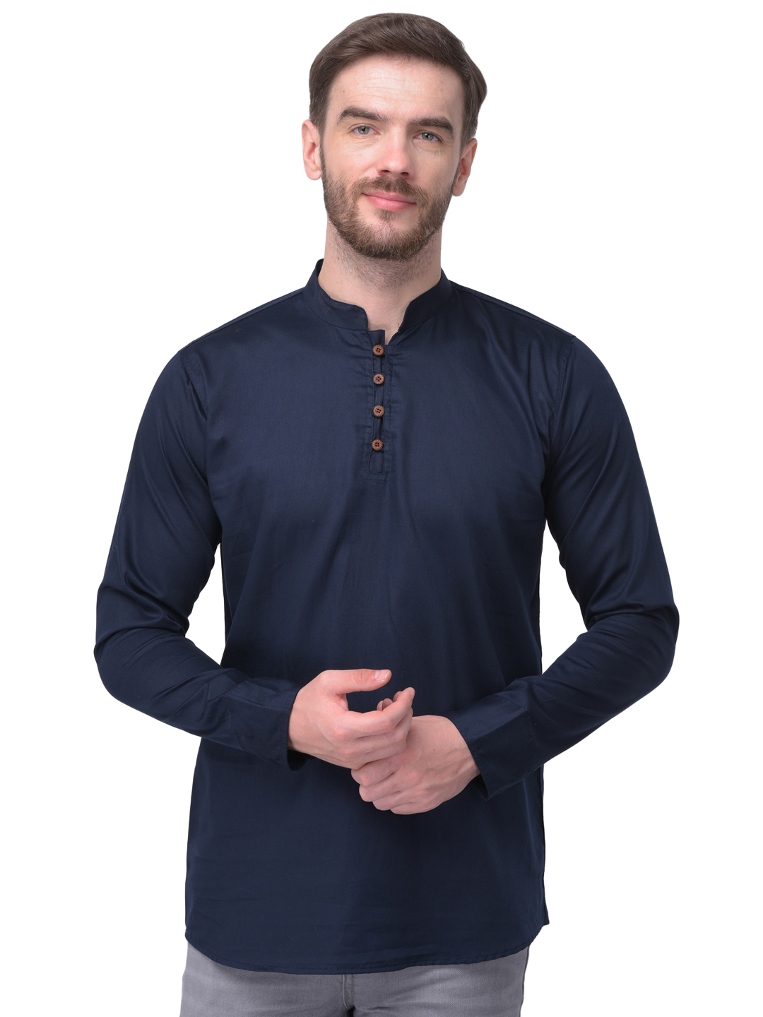 Polyester Short Kurta - Regular Fit, Sizes: S-xxl, Colors: Black, Blue, D.yellow, Mehendi, Navy, Pink, Skyblue, White | Long Sleeves, Mandarin Collar, Button Closure
